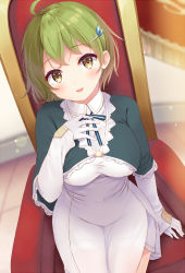 Rule 34 | 1girl, :d, animal ears, arm at side, blue ribbon, blurry, blush, breasts, brown eyes, capelet, collared dress, commentary request, covered navel, depth of field, dress, gloves, green hair, hair ornament, hairclip, hand on own chest, impossible clothes, impossible dress, komone ushio, large breasts, lens flare, long sleeves, looking at viewer, open mouth, original, pelvic curtain, ribbon, short hair, sitting, sleeves past wrists, smile, solo, tareme, throne, white gloves