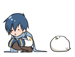 Rule 34 | 1boy, :3, animated, animated gif, bird, blue hair, blue scarf, chibi, dancing, kaito (vocaloid), male focus, o3o, scarf, simple background, solo, vocaloid, white background
