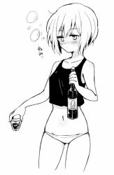 Rule 34 | 1girl, bad id, bad pixiv id, bob cut, bottle, cup, drunk, erica hartmann, greyscale, holding, holding bottle, holding cup, kodamari, monochrome, navel, panties, short hair, simple background, solo, strike witches, tank top, underwear, white background, wine bottle, world witches series