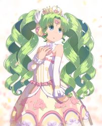 Rule 34 | 1girl, bare shoulders, blue eyes, blush, dress, falulu, forehead jewel, green hair, hand on own chest, highres, long hair, monosenbei, parted bangs, pretty series, pripara, solo, tiara, twintails