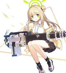 Rule 34 | 1girl, black gloves, breasts, closed mouth, collared shirt, commentary request, fingerless gloves, full body, gatling gun, gloves, green eyes, hair bun, halo, highres, id card, jacket, lanyard, large breasts, long hair, long sleeves, looking at viewer, m134 minigun, minigun, miya kazutomo, nonomi (blue archive), open clothes, open jacket, plaid, plaid skirt, pleated skirt, shirt, shoes, single hair bun, single side bun, skirt, smile, sneakers, solo, swept bangs, white footwear