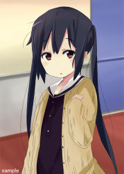 Rule 34 | 1girl, black hair, cardigan, k-on!, k-on! movie, kokumu, long hair, messy hair, nakano azusa, open cardigan, open clothes, red eyes, sailor collar, twintails