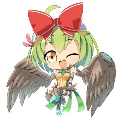 Rule 34 | 1girl, :d, ahoge, bird legs, bow, breasts, brown wings, character request, chibi, clothing cutout, commentary request, feathered wings, full body, green hair, hair bow, harpy, hop step jumpers, leotard, lets0020, looking at viewer, medium bangs, monster girl, navel, navel cutout, one eye closed, open mouth, red bow, short hair, sideless outfit, simple background, small breasts, smile, solo, teeth, upper teeth only, white background, wings, yellow eyes, yellow leotard