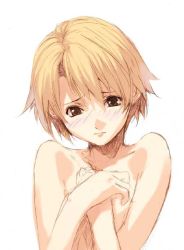 Rule 34 | blonde hair, blush, brown eyes, covering breasts, covering nipples, covering privates, short hair, simple background, sketch, solo, topless, upper body, white background