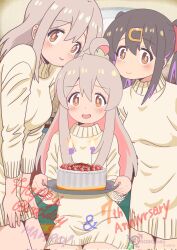 Rule 34 | 3girls, :d, ahoge, artist name, birthday cake, black hair, brown eyes, cake, colored inner hair, commentary, copyright name, corrupted twitter file, dress, food, genderswap, genderswap (mtf), grey hair, hair between eyes, hair ornament, hairclip, happy birthday, highres, indoors, leaning forward, light blush, long hair, long sleeves, looking at viewer, male-female symbol, matching outfits, mother and daughter, multicolored hair, multiple girls, onii-chan wa oshimai!, open mouth, oyama mahiro, oyama matsuri, oyama mihari, pink hair, purple hair, robomito, siblings, sidelocks, sisters, smile, sweater, sweater dress, twintails, two-tone hair, typo, yellow sweater