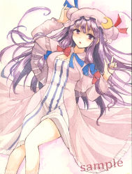 Rule 34 | 1girl, breasts, commentary request, crescent, crescent hat ornament, dress, ennpitu888, hat, hat ornament, highres, long dress, long hair, lying, medium breasts, mob cap, on back, painting (medium), pajamas, patchouli knowledge, purple eyes, purple hair, sample watermark, striped clothes, striped dress, touhou, traditional media, vertical-striped clothes, vertical-striped dress, very long hair, watercolor (medium), watermark