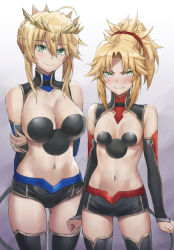 Rule 34 | 2girls, ahoge, arm behind back, artoria pendragon (fate), artoria pendragon (lancer) (fate), bad id, bad twitter id, bare shoulders, black legwear, black shorts, blonde hair, blush, braid, breasts, bridal gauntlets, cleavage, closed mouth, collarbone, crown, detached sleeves, embarrassed, fang, fate/apocrypha, fate/grand order, fate (series), french braid, frown, gradient background, green eyes, hair between eyes, hair ornament, hair scrunchie, highres, large breasts, long hair, looking at viewer, mature female, mordred (fate), mordred (fate/apocrypha), mother and daughter, multiple girls, navel, parted bangs, ponytail, red scrunchie, scrunchie, short shorts, shorts, sidelocks, small breasts, smile, tearing up, thighs, tonee, v-shaped eyebrows
