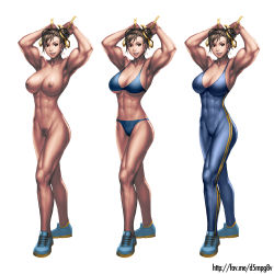 Rule 34 | 1990s (style), 1girl, abs, alternate costume, armpits, arms up, biceps, bikini, blue bikini, bodysuit, breasts, brown hair, capcom, chun-li, cleavage, double bun, ed lee, elee0228, female pubic hair, flexing, full body, hair bun, hair ribbon, highres, large breasts, muscular, muscular female, navel, neoartcore, nipples, nude, pubic hair, retro artstyle, ribbon, shoes, skin tight, smile, sneakers, solo, standing, street fighter, street fighter zero (series), swimsuit, uncensored