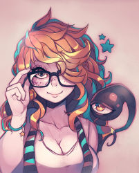 Rule 34 | 1girl, absurdres, black-framed eyewear, blue eyes, blush, bracelet, breasts, cleavage, closed mouth, collarbone, commission, freckles, glasses, hair over one eye, highres, jewelry, kaz asteri, large breasts, long hair, looking at viewer, negative frames, parororo, rectangular eyewear, red hair, smile, solo, star (symbol), star bracelet, the crawling city, upper body, very long hair, wavy hair