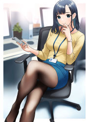 Rule 34 | 1girl, black footwear, black pantyhose, blue eyes, blue hair, blue skirt, blurry, blurry background, blush, chair, closed mouth, computer, crossed legs, desk, doushimasho, hand on own face, hand up, highres, holding, holding phone, indoors, lanyard, long sleeves, looking at viewer, medium hair, nail polish, office chair, office lady, original, pantyhose, pencil skirt, phone, plant, shirt, shoes, sitting, skirt, smile, solo, swivel chair, watch, yellow shirt