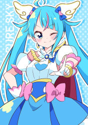 Rule 34 | 1girl, absurdres, ahoge, blue eyes, blue hair, brooch, cape, commentary, cure sky, detached sleeves, earrings, gloves, hand on own hip, highres, hirogaru sky! precure, jewelry, magical girl, one eye closed, pota (potacure1011), precure, puffy detached sleeves, puffy sleeves, single earring, single sidelock, smile, solo, sora harewataru, two-sided cape, two-sided fabric, white gloves, wing brooch, wing hair ornament