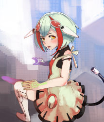 Rule 34 | 10s, 1girl, android, bare arms, bare shoulders, blush, dimension w, dress, green hair, hair ornament, headgear, high boots, highres, layered dress, lips, multicolored hair, short hair, solo, streaked hair, symbol-shaped pupils, tail, thighhighs, two-tone hair, yellow eyes, yurizaki mira, zettai ryouiki
