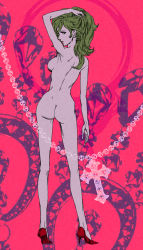 Rule 34 | 1girl, :d, alternate hair color, arm up, armpits, ass, back, breasts, brown eyes, cross, egawa satsuki, from behind, green hair, hand on own head, high heels, highres, jewelry, legs, lipstick, long hair, long legs, looking at viewer, looking back, lupin iii, lupin the third: mine fujiko to iu onna, makeup, mine fujiko, naughty face, necklace, nipples, nude, open mouth, red background, shoes, smile, solo, swept bangs, tms entertainment, wavy hair, wide hips