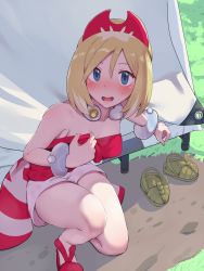 Rule 34 | 1girl, blonde hair, blue eyes, blush, boris (noborhys), breasts, collar, commentary request, creatures (company), day, eyelashes, game freak, grass, hair between eyes, hairband, highres, irida (pokemon), knees, looking at viewer, nintendo, on one knee, outdoors, pokemon, pokemon legends: arceus, red footwear, red hairband, red shirt, sash, shirt, shoes, short hair, shorts, solo, strapless, strapless shirt, sweatdrop, tent, unworn shoes, waist cape, white shorts