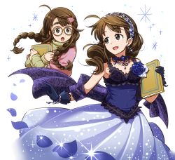 Rule 34 | 10s, 1girl, ahoge, aopanda, bare shoulders, blue dress, blush, book, braid, brown eyes, brown hair, commentary request, dress, earrings, freckles, glasses, hair ornament, hairband, hairclip, holding, holding book, idolmaster, idolmaster cinderella girls, jewelry, long hair, okuyama saori, open mouth, shawl, smile, twin braids