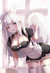 Rule 34 | 1girl, animal ear fluff, animal ears, apron, bent over, black bow, black choker, black dress, blue nails, blush, bow, breasts, choker, cleavage, commentary request, dress, garter straps, grey eyes, hand up, highres, holding tail, long hair, looking at viewer, maid, medium breasts, mole, mole on breast, mole on thigh, nail polish, original, panipo, puffy short sleeves, puffy sleeves, short sleeves, solo, tail, tail raised, thighhighs, v-shaped eyebrows, very long hair, waist apron, white apron, white hair, white thighhighs, window