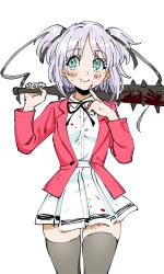 Rule 34 | 1girl, absurdres, black ribbon, black thighhighs, blazer, blood, blood on clothes, blood on face, blood splatter, blood stain, bloody weapon, blush, bokusatsu tenshi dokuro-chan, bomhat, c:, closed mouth, club, club (weapon), collared shirt, cowboy shot, excalibolg, eyelashes, eyes visible through hair, facing viewer, finger to own chin, green eyes, hair ribbon, hands up, high-waist skirt, highres, holding, holding weapon, index finger raised, jacket, kanabou, light purple hair, long sleeves, looking to the side, looking up, mitsukai dokuro, neck ribbon, open clothes, open jacket, over shoulder, pleated skirt, red jacket, ribbon, school uniform, shirt, shirt tucked in, short hair, simple background, skindentation, skirt, smile, solo, spiked club, stained clothes, standing, straight-on, tareme, thighhighs, two side up, weapon, weapon over shoulder, white background, white shirt, white skirt, wing collar, zettai ryouiki