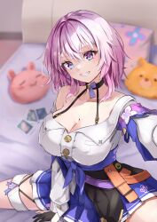 Rule 34 | 1girl, arm support, arm up, black choker, blue eyes, blue skirt, blurry, blurry background, blush, breasts, buttons, choker, cleavage, commentary request, grin, hair between eyes, head tilt, highres, honkai: star rail, honkai (series), jacket, large breasts, long sleeves, march 7th (honkai: star rail), medium hair, multicolored eyes, on bed, paid reward available, pero peloline, photo (object), pillow, pink hair, pleated skirt, purple eyes, selfie, single bare shoulder, sitting, skirt, smile, solo, spread legs, tied jacket