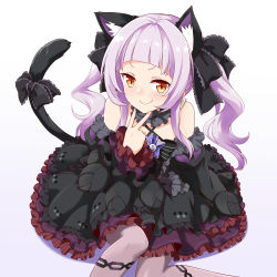 Rule 34 | &gt;:), 1girl, absurdres, animal ear fluff, animal ears, bare shoulders, black dress, black sleeves, blunt bangs, blush, cat ears, cat girl, cat tail, closed mouth, criss-cross halter, detached sleeves, dress, felutiahime, flat chest, frilled dress, frilled shirt collar, frilled sleeves, frills, gothic lolita, hair ribbon, halter dress, halterneck, highres, hololive, juliet sleeves, layered dress, lolita fashion, long hair, long sleeves, looking at viewer, murasaki shion, murasaki shion (gothic lolita), orange eyes, pantyhose, puffy sleeves, purple hair, ribbon, short eyebrows, silver hair, simple background, sitting, sleeveless, sleeveless dress, smile, solo, tail, twintails, v, v-shaped eyebrows, virtual youtuber, white background