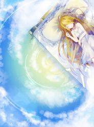 Rule 34 | album cover, bad id, bad pixiv id, bed, blonde hair, cloud, cover, dress, closed eyes, hair over one eye, itamidome, long hair, lying, on back, original, pillow, sky, sleeping, solo, very long hair