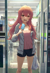 Rule 34 | 1girl, absurdres, bag, blue shorts, blush, breasts, camisole, cleavage, commentary request, convenience store, feet out of frame, food, grey jacket, grocery bag, hanagamigendai, hand up, highres, holding, holding bag, holding food, holding ice cream, ice cream, jacket, long hair, looking at viewer, open clothes, open jacket, open mouth, original, pink camisole, red eyes, red hair, shop, shopping bag, short shorts, shorts, small breasts, solo, standing