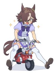 Rule 34 | + +, 1girl, absurdres, aged down, animal ears, blush stickers, bow, bowtie, brown footwear, brown hair, full body, hair over one eye, highres, horse ears, horse girl, horse tail, looking down, minibike, motor vehicle, motorcycle, nishiki kazue, open mouth, sailor collar, school uniform, shoes, short sleeves, simple background, skirt, smile, solo, sparkle, tail, thighhighs, tracen school uniform, umamusume, vodka (umamusume), white background, white skirt, white thighhighs, yellow eyes