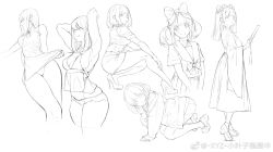 Rule 34 | 6+girls, all fours, armpits, arms up, blunt bangs, bob cut, bow, breasts, china dress, chinese clothes, dress, folding fan, greyscale, hair bow, hand fan, highres, long hair, long skirt, medium breasts, monochrome, multiple girls, original, short dress, short hair, sidelocks, simple background, sketch, skirt, smile, thighs, twintails, weibo watermark, wide sleeves, xyz (xiaoyezi)