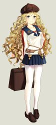 Rule 34 | 1girl, bag, blonde hair, blue eyes, curly hair, hat, highres, loafers, long hair, natsuhara, original, pantyhose, satchel, school uniform, shoes, skirt, smile, solo, standing, wavy hair