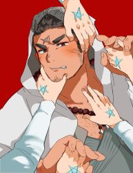 Rule 34 | bara, bead necklace, beads, blush, bone color919, brown hair, cross scar, facial hair, fang, goatee stubble, grey kimono, hand on another&#039;s chest, hand on another&#039;s chin, hand on another&#039;s face, hand on another&#039;s hand, hand tattoo, highres, hood, hood up, hooded jacket, houzouin oniwaka, jacket, japanese clothes, jewelry, kimono, male focus, muscular, muscular male, necklace, out of frame, pectoral cleavage, pectorals, pov, pov hands, protagonist 1 (housamo), protagonist 2 (housamo), protagonist 3 (housamo), protagonist 4 (housamo), protagonist 5 (housamo), red background, scar, short hair, sideburns stubble, simple background, sparse chest hair, star (symbol), stubble, tassel, tattoo, thick eyebrows, tokyo houkago summoners