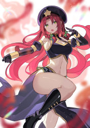 Rule 34 | 1girl, alternate costume, arms up, bad id, bad twitter id, beret, black footwear, black gloves, black hat, black skirt, black vest, blurry, blurry background, boots, bow, bracelet, braid, breasts, chinese clothes, commentary request, detached sleeves, eyelashes, eyes visible through hair, falken (yutozin), gloves, green bow, green eyes, hair between eyes, hair bow, hands up, hat, hat ornament, highres, hong meiling, jewelry, juliet sleeves, leg up, long hair, long sleeves, looking to the side, medium breasts, multicolored hair, navel, open mouth, parted bangs, pink hair, puffy sleeves, rainbow, red background, red hair, skirt, solo, standing, standing on one leg, star (symbol), star hat ornament, touhou, twin braids, vest, white background