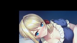Rule 34 | 1girl, aqua eyes, bed, blonde hair, blue eyes, blue pants, blush, braid, breasts, cleavage, closed mouth, collarbone, female focus, french braid, frills, game cg, groin, hair over shoulder, highres, indoors, kukkorodays, large breasts, legs, legs together, long hair, looking at viewer, lying, navel, nose blush, on bed, on side, original, pajamas, pants, pillow, qureate, scrunchie, smile, solo, thighs