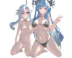 Rule 34 | 2girls, absurdres, ahoge, bikini, black bikini, blue eyes, blue hair, breasts, breasts apart, closed mouth, collarbone, commission, commissioner upload, expressionless, flat chest, full body, gluteal fold, hair between eyes, hand on another&#039;s waist, highres, hikaru aruka, horns, kiseijou rei (goddess form), kneeling, large breasts, light blue hair, long hair, looking at viewer, multiple girls, navel, neptune (series), non-web source, power symbol, power symbol-shaped pupils, red eyes, short hair with long locks, sidelocks, sign, simple background, smile, stomach, swimsuit, symbol-shaped pupils, v, very long hair, warning sign, white background, white bikini, white heart (neptunia)