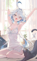 Rule 34 | 1girl, :d, ahoge, arm up, bare shoulders, black cat, blue hair, breasts, cat, cleavage, collarbone, commentary, curtains, dot nose, furina (genshin impact), genshin impact, grey eyes, hair between eyes, hair intakes, head tilt, highres, indoors, lens flare, looking at viewer, medium hair, morning, multicolored hair, nightgown, no pants, one eye closed, open mouth, outstretched arm, plant, potted plant, seiza, sidelocks, sitting, small breasts, smile, solo, streaked hair, stretching, symbol-only commentary, teeth, ttosom, upper teeth only, waking up, white hair, white nightgown, window