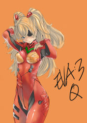 Rule 34 | 10s, 1girl, alternate hairstyle, blue eyes, breasts, breasts apart, brown hair, copyright name, evangelion: 3.0 you can (not) redo, eyepatch, from side, hair between eyes, hand in own hair, head tilt, legs together, lips, long hair, neon genesis evangelion, orange background, parted bangs, plugsuit, rebuild of evangelion, shiny clothes, simple background, skin tight, solo, souryuu asuka langley, standing, twintails, two side up, unizama, very long hair
