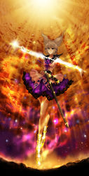 Rule 34 | 1girl, absurdres, belt, blouse, brown eyes, brown hair, cloud, cloudy sky, floating, frills, full body, glowing, glowing sword, glowing weapon, headphones, high heels, highres, light particles, light rays, looking at viewer, neck ribbon, orange sky, ribbon, scabbard, sheath, shirt, short hair, skirt, sky, smile, solo, sun, sword, touhou, toyosatomimi no miko, umami (sakeikura), weapon, wristband