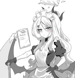 Rule 34 | 1girl, absurdres, ahoge, alternate costume, apron, blue archive, clipboard, commentary request, demon girl, demon horns, demon wings, enmaided, frilled apron, frills, gloves, greyscale, hair between eyes, hair ornament, hairclip, half updo, halo, highres, hina (blue archive), horns, long hair, looking at viewer, maid, maid apron, maid headdress, menu, monochrome, parted bangs, short sleeves, sidelocks, simple background, skyrain315, solo, wavy hair, wings