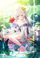 Rule 34 | 1girl, barefoot, black bow, black sailor collar, blush, bow, closed mouth, commentary request, crazy straw, cup, day, dress, drinking straw, flower, green eyes, grey hair, hair between eyes, hair flower, hair ornament, hammock, heart straw, highres, holding, holding cup, ibara riato, long hair, looking at viewer, navel, off shoulder, official art, original, petals, red flower, sailor collar, sailor dress, sitting, soles, solo, sunlight, very long hair, water, water drop, wet, white dress, yellow flower