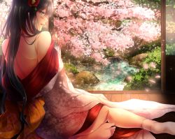 Rule 34 | 1girl, alternate costume, bare back, barefoot, black hair, blush, cherry blossoms, fate/grand order, fate (series), from behind, hatori mia, japanese clothes, kimono, koha-ace, long hair, looking back, oda nobunaga (fate), oda nobunaga (koha-ace), pond, porch, red eyes, solo