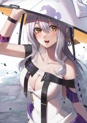 Rule 34 | 1girl, arm guards, blush, breasts, cleavage, commentary, debris, goddess of victory: nikke, grey hair, hair between eyes, hair ornament, hair stick, hand on headwear, hat, highres, jingasa, leotard, long hair, looking at viewer, medium breasts, open mouth, scarlet (nikke), sidelocks, sleeveless, smile, solo, twitter username, upper body, white hat, white leotard, wrist guards, yellow eyes, yorugami rei