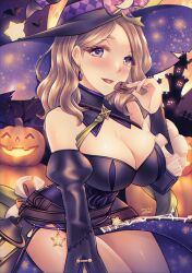 Rule 34 | 1girl, absurdres, alternate costume, asa (asakisafe1), asakisafe1, bare shoulders, blonde hair, blush, breasts, cleavage, earrings, fangs, female focus, fire emblem, fire emblem: three houses, halloween, hat, highres, jewelry, large breasts, long hair, mercedes von martritz, nintendo, sitting, solo, thighs