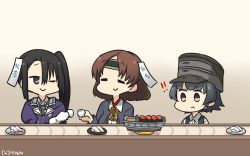 Rule 34 | !, !!, 3girls, arare (kancolle), black hair, blouse, brown eyes, brown hair, chiyoda (kancolle), choko (cup), commentary request, conveyor belt, conveyor belt sushi, cup, dated, closed eyes, food, gloves, hamu koutarou, hat, headband, highres, kantai collection, multiple girls, nachi (kancolle), one-hour drawing challenge, one eye closed, remodel (kantai collection), school uniform, shirt, short hair, side ponytail, sushi, tag, white gloves