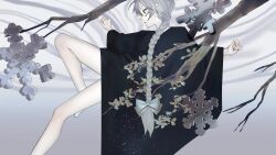 Rule 34 | 1girl, abstract background, alternate costume, black robe, bow, braid, braided ponytail, branch, floating, foot out of frame, from side, grey background, grey bow, grey eyes, grey hair, hair bow, hair over shoulder, highres, knee up, long hair, looking down, mi8pq, outstretched arms, outstretched leg, profile, robe, sekka yufu, snowflakes, solo, spread arms, utau
