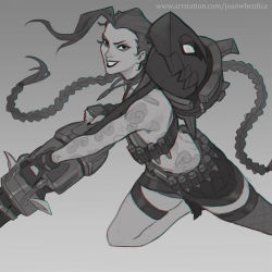 Rule 34 | 1girl, absurdres, arm tattoo, artist name, belt, braid, bullet, cloud tattoo, foot out of frame, foot up, gatling gun, gradient background, grin, highres, holding, holding weapon, jewelry, jinx (league of legends), joaowbenfica, league of legends, long hair, minigun, nail polish, necklace, rocket launcher, shorts, single thighhigh, smile, solo, stomach tattoo, tattoo, teeth, thighhighs, twin braids, watermark, weapon, web address