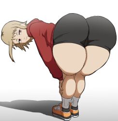 Rule 34 | 1girl, ass, bent over, blonde hair, chainsaw man, curvy, from behind, highres, hood, hoodie, huge ass, long sleeves, looking back, metalsplinter, red eyes, red hoodie, sawatari akane (chainsaw man), shoes, short hair, short hair with long locks, shorts, sneakers, socks, solo, spandex, thick thighs, thighs, white background, wide hips