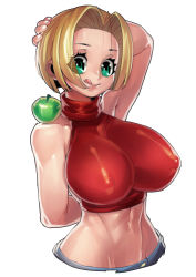Rule 34 | 1girl, :q, absurdres, alternate breast size, alternate eye color, apple, aqua eyes, arm behind back, arm behind head, armpits, blonde hair, blue mary, breasts, covered erect nipples, cropped torso, curvy, fengmo, food, fruit, hair intakes, highres, large breasts, navel, parted bangs, short hair, simple background, smile, solo, strapless, the king of fighters, thighs, toned, tongue, tongue out, tube top, white background