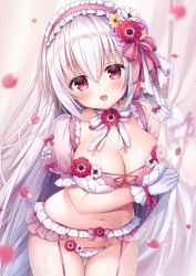 Rule 34 | 1girl, blurry, bra, breasts, choker, cleavage, cowboy shot, curtains, fang, flower, garter belt, gloves, hair flower, hair ornament, headdress, holding, large breasts, lingerie, long hair, looking at viewer, mitsuba choco, navel, open mouth, original, panties, panties over garter belt, petals, red eyes, ribbon choker, see-through, see-through sleeves, short sleeves, silver hair, smile, solo, stomach, thigh gap, thighs, underwear, underwear only, very long hair, white bra, white gloves, white panties