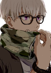 Rule 34 | 1boy, adjusting clothes, bespectacled, closed mouth, commentary request, facial tattoo, glasses, inumaki toge, jujutsu kaisen, male focus, nori20170709, purple eyes, short hair, simple background, solo, tattoo, twitter username, watch, white background, white hair, wristwatch