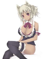 Rule 34 | animal ears, arutoria, blush, breasts, cleavage, covering privates, dark skin, large breasts, no panties, smile, thighhighs