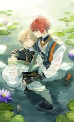 Rule 34 | 2boys, amagi hiiro, blonde hair, blue eyes, closed eyes, closed mouth, clothing request, commentary request, earrings, ensemble stars!, fingernails, flower, jewelry, lily pad, long sleeves, male focus, multiple boys, outdoors, red hair, seuga, shiratori aira (ensemble stars!), short hair, single earring, tassel