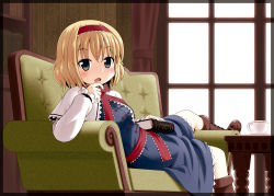 Rule 34 | 1girl, alice margatroid, black eyes, blonde hair, blush, book, bookshelf, boots, capelet, couch, cross-laced footwear, cup, curtains, dress, drooling, female focus, green upholstery, hairband, haruna mao, indoors, lace-up boots, looking at viewer, lying, revision, solo, table, teacup, touhou, window